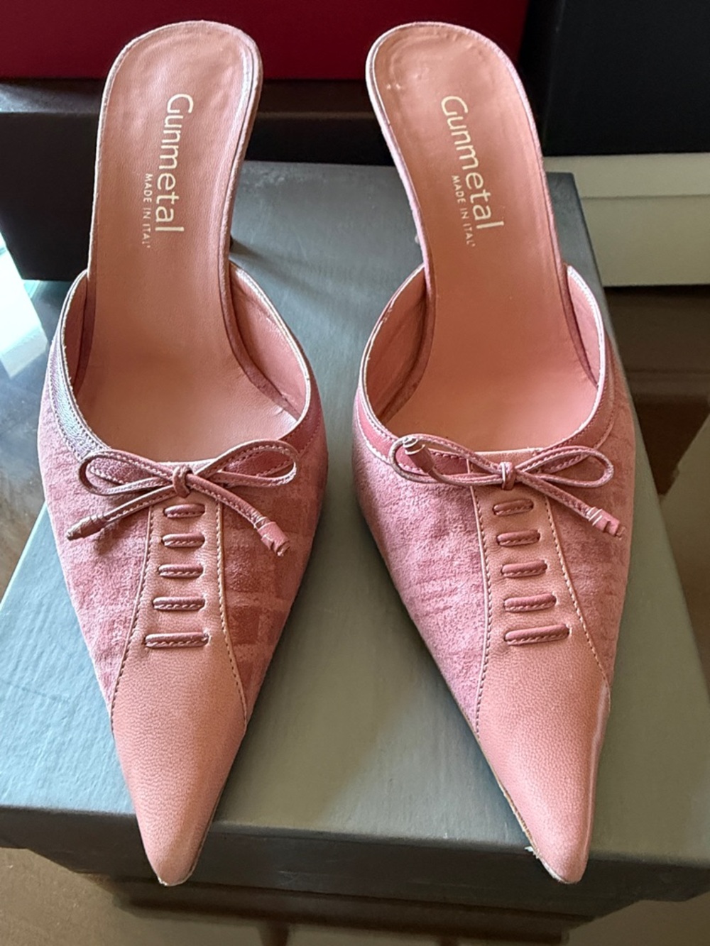 GUNMETAL Vintage Pink Dusty Rose Pointed Mule with Kitten Heel Bow Size 9 EU 39